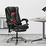 Bürostuhl mit Massage,Ergonomischer Chefsessel mit Fußstützen und Lendenkissen,Massagesessel mit 2 Punkt Vibrations Massagegerät,Leder Verstellbarer Drehsessel Gaming Stuhl,bis 150kg(Schwarz)