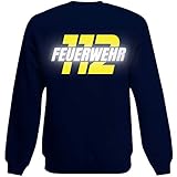 Shirt-Panda Herren Feuerwehr Sweatshirt · Feuerwehr 112 · Feuerwehrmann Sweater Bedruckt · Pullover für Feuerwehrleute · Druck auf Brust & Rücken · Unisex · Dunkelblau (Druck Gelb/Reflex) XL