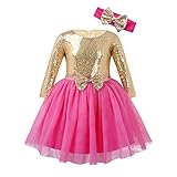 iixpin Baby-Mädchen Pailletten Prinzessin Kleider Winter Langarm Taufkleid Festzug Hochzeit Weihnachten Partykleid Mädchen Tüll Kleidung Blumenmädchenkleid, Gr.80-134 Gold&Hot Pink 104-110