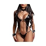 Damen Reizwäsche Sex Erotik BodyLeder Brust Harness PU Leder Halsband mit Kette, Sayla Sexy String Bodysuit Ouvert Latex Einteilige Dessous Set,ClubKleid Baby Doll Unterwäsche Cosplay Kostü