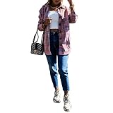 Womens Flannel Color Block Plaid Shirts Boyfriend Long Sleeve Oversized Blouses Tops Casual Button Down Shacket Shirt Coat (Pink, Small)
