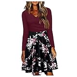 Damen Kleider Partykleid Elegant Langarm Kleid A-Linie Plissee Knielang Shirtkleider Freizeitkleid Casual Rundhals Boho Blusenkleid Longshirt Winter Freizeit Maxi Herbstkleid L