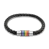 Bling Jewelry Gay Pride Regenbogen Schwarz Geflochtenes Leder LGBT Armband Gewebt Armreif Für Männer Für Frauen Edelstahl Magnetische V