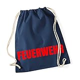 Shirt-Panda Sport Turnbeutel Feuerwehr Baumwoll-Beutel Druck Reflektierend Rucksack Tasche Dunkelblau (Druck Rot)