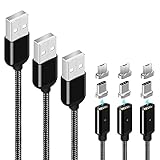 LAMA Magnetisches Ladekabel Magnet USB Datenkabel [3 Stück 1M + 1,5M + 2M] mit 3 Typ C + 3 Micro USB Adapter 2,1A High Speed Sync und Schnellladekabel für Android Windows Phone Schw