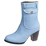 RTPR Damen Hohe Stiefel High Heels Klassische Stiefel, Blockabsatz Profilsohle Elegant Winterstiefel mit Schnalle Winterschuhe Mode Elegante Outdoor-Stiefel Langschaft B