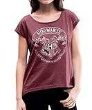 Spreadshirt Harry Potter Hogwarts Wappen Zeichnung Frauen T-Shirt mit gerollten Ärmeln, S, Bordeaux