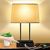 DOMUMLUX Touch Nachttischlampe mit 2 USB Anschlüssen und 2 AC Buchsen, 3-Wege Dimmbar Modernen Tischlampen mit Creme Farbenem Schirm für Schlafzimmer Wohnzimmer, LED-Lampen E