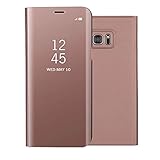 Shinyzone Spiegel Hülle für Samsung Galaxy S6 Edge, Stilvoll Roségold Klar Spiegel Leder Handyhülle [Galvanotechnik] Faltbare Standfunktion,Hart Bumper Stoßfeste Schutzhü