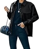 Frauen Revers Taste Front Faux PU Leder Jacke Casual Shirt mit Langen ärmeln Blazer mit Brust Tasche (Black,L)