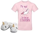 Einhorn Set T Shirt mit 1 Paar Hausschuhe Unicorn Pantoffeln Geschenkidee Mädchen Damen T-Shirt Puschen Weihnachten Nikolaus (XL) 38/39