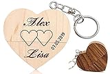 (10 Motive zur Auswahl) 32 GB USB-Stick 2.0 Holz mit Gravur personalisiert massiv Herz Liebe Hochzeit Wunschtext Wunschgravur Speicherstick Flash Drive (Nussbaum)