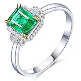Daesar Damen 18K Weißgold Ring Verlobung, Halo 4-Steg-Krappenfassung mit Smaragd 0.99ct Hochzeit Ringe Frauen Ehering Diamant Gr.49 (15.6)