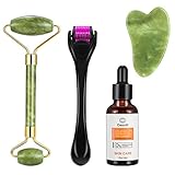 Premium Dermaroller, Derma Roller, Jade Roller mit Hyaluronsäure Serum & Gua Sha - Anti Aging Pflege Set mit Gesichtsroller - Massage gegen Falten & Altersflecken - Gesicht - Massageg