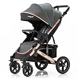 Daliya® Rapidy Buggy Kinderwagen 0-36 Monate Sportwagen mit Liegeposition Wickeltasche, Winterfußsack, Ess- & Spieltisch und mehr (Dunkelgrau - Gold)