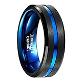 NUNCAD Herren Damen Partner Ring aus Wolfram Schwarz-Blau 8mm mit Blauer Rille für Hochzeit Verlobung Alltag Freizeit Größe 80 (40)