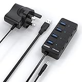 VEMONT USB-3.0-Hub, 4 Anschlüsse, ultraschlanker High-Speed-USB-Splitter-Verlängerung, Daten-Hub mit Stromversorgungsadapter, einzelne LED-Switches für Apple MacBook Air/Pro/Mini/iMac/Windows-Laptop