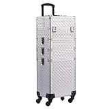 Kosmetikkoffer Trolley Schminkkoffer , 4-in-1 Kosmetikkoffer Große Kapazität Friseurkoffer Make up Koffer mit Rollen,abschließbarer und tragbarer Kosmetik Make up Organizer ,Silb