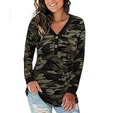 QIYUN.Z Damen Shirts mit V-Ausschnitt Langarm Leopardenmuster Button Down Basic Damen T-Shirts Camouflage XL