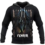 YCYR 3D Druck Tätowierungen Wikinger Odin Fenrir Wolf Hoodie, Unisex Mode Casual Pullover Sweatshirt Harajuku Streetwear mit Taschen,Zipper,4XL