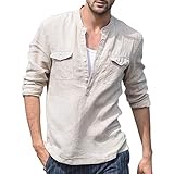 T-Shirt Herren Baggy Baumwolle Leinen Tasche Solide Langarm Retro Atmungsaktive Tops Bluse Ausschnitt Basic Business Hemd Khaki S
