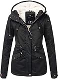 MARIKOO Damen Winter Jacke Parka Winterjacke Teddyfell gefüttert B376 [B376-Manolya-Schwarz-Gr.S]