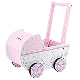 WOOMAX 46475 Puppenwagen aus Holz, 26,5 x 39 x 46 cm, Rosa und Weiß, mit Rollen, für 30-40 Puppen und Spielzeug für 3 Jahre, b