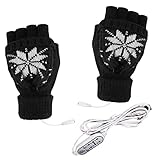 JHYX Unisex-Weihnachtsdruck Strick Beheizte Handschuhe USB-Anschluss Drei Geschwindigkeits-Timing-Temperatureinstellung Indoor-Arbeit Winterhandschuhe Strick Handschuhe mit Umklappbare Fingerkupp