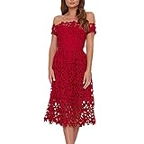 ZzheHou Frauen Abendkleid Sommer-Kleid-Spitze-reizvolle Weg vom Schulter-Ausschnitt Kurzarm mit hohen Taille Mid-Lange Kleid (Farbe : Red, Size : S)