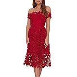 ZzheHou Frauen Abendkleid Sommer-Kleid-Spitze-reizvolle Weg vom Schulter-Ausschnitt Kurzarm mit hohen Taille Mid-Lange Kleid (Farbe : Red, Size : S)