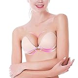 KISSBOBO Klebe BH Rückenfreier,Trägerloser Push up BH Ohne Träger und Silikon Selbstklebend BH für Rückenfreies Kleid Abendkleider- Beige B