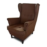 Ohrensessel Sessel King - Lounge Sessel mit Armlehnen - Retro Stuhl aus Stoff mit Holz Füßen - Polsterstuhl für Esszimmer & Wohnzimmer (Braun (Inari 24), ohne Hocker)