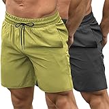COOFANDY Herren 2 Pack Gym Workout Shorts Quick Dry Bodybuilding Gewichtheben Hosen Training Laufen Jogger mit Taschen, Dunkelgrau/fluoreszierendes Grün, Groß