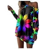 EMATOP Damen Weihnachtspullover Sexy Weihnachtskleid Glitzer Kleid Langarm Schulterfreies Sweatshirt Minikleid Festival Pullover Mädchen Teenager Pulli Kleider 3D Bunt Druck Oberteile Bluse Top