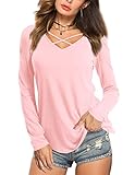 Beluring Damen T-Shirt V Ausschnitt Langarm Herbst Casual Tunika Top Bluse Oberteil, Rosa XL