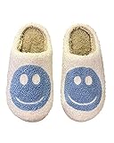 Damen-Slipper mit Smiley-Gesicht, Retro, Smiley-Gesicht, flauschig, Damen-Slipper, Kunstfell, Hausschuhe, warme Hausschuhe, weiß / blau, 40/41 EU