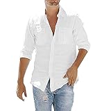 Xmiral Shirt Hemd Herren Langärmlig Stehkragen Einfarbig Brusttasche Tops T-Shirt Retro Baumwollmischung Hemde Lose Geschäft Bluse(Weiß,M)