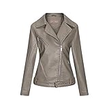 TSPRING Women Ladies Lapel Motor Jacket Coat Zip Biker Short Punk Cropped Cot Outerwear Leichte Jacke Herbst Outdoor Lederjacke Fell Damen Wasserdicht Atmungsaktiv Regenmantel mit(Grau,L)