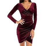 yiouyisheng Damen Bodycon Kleid Sexy V-Ausschnitt Slim Fit Minikleid Elegent eng Partykleid Abendkleid Langarm Kleid Clubwear Unregelmäßiges Kleid Cocktailkleid Festkleid D