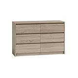 ADGO Karo K120 Kommode mit 6 Schubladen 120x75x40cm, Klassischer Schrank mit Regalen für Schlafzimmer, Flur, Wohnzimmer, Kinderzimmer, Tief Freistehend Platzsparend (Versand in 2 Packs) (Sonoma Eiche)