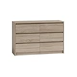 ADGO Karo K120 Kommode mit 6 Schubladen 120x75x40cm, Klassischer Schrank mit Regalen für Schlafzimmer, Flur, Wohnzimmer, Kinderzimmer, Tief Freistehend Platzsparend (Versand in 2 Packs) (Sonoma Eiche)