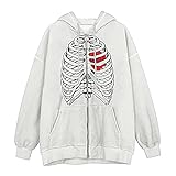 GULASISI Damen Skelett Hoodie Jacke Halloween Oversize Vintage Zip Sweatjacke Y2k Reißverschluss Kapuzenpullover Sweatshirt mit Kapuze und Taschen Herbst Lose Kapuzenjacke für Teenager M