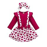 Verve Jelly Kinder Kleinkind Baby Mädchen Valentinstag Outfits Rüschen Langarm Einfarbig T-Shirt Tops + Herz Print Hosenträger Rock Set + Stirnband 3er Set Weinrot 120 3-4 J