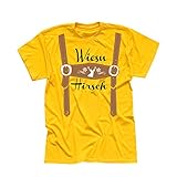 T-Shirt Oktoberfest Wiesn Hirsch Lederhose Kostüm Tracht 13 Farben Herren XS-5XL München Wiesn Festzelt O'zapft Maß Krug Dirndel, Größe:4XL, Farbe:gelb - Logo schw