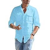 Xmiral Shirt Hemd Herren Langärmlig Stehkragen Einfarbig Brusttasche Tops T-Shirt Retro Baumwollmischung Hemde Lose Geschäft Bluse(Blau,3XL)