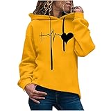 iHENGH Damen Herbst und Winter Hoodie Übergröße Sweatshirt Pullover, Liebe Grafik langärmshirt Kapuzenpullover Top, modischer und bequemer Freizeitpullover mit Tunnelzug und Taschen(Gelb,S)