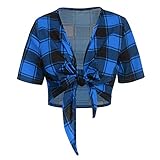 Lazzboy Damenmode Kurzarm Plaid Bogen Knoten Verband T Shirt Lässige Top Bluse Damen V-Ausschnitt Kariert ärmel Reißverschluss Tunika Longshirt Hemd Tops T-Shirt(Blau,L)