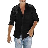 AXIU Hemd Herren Leinenhemd Herren Freizeithemd Henley 3/4 Ärmellänge Regular Fit Kragenloses Shirt Funky Hawaiihemd Herren Kurzarm Fronttasche Hawaii-Print Strand Beach S