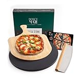 DOLCE MARE Pizzastein schwarz & rund im Set inkl. Holz-Pizzaschieber & Pizzaschneider - Backstein aus hochwertigem Cordierit für Backofen & Grill - Backstein für knusprige,