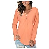 TTWOMEN Damen Einfarbig Langarm V-Ausschnitt Tunika Top Knopf Kausal Druck Lose Pullover T Shirt B
